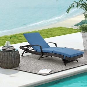 gyutei patio lounge chair rattan chaise lounge chair with adjustable backrest thickened cushion,pe rattan steel frame outdoor reclining chaise for patio backyard porch garden poolside(light blue)