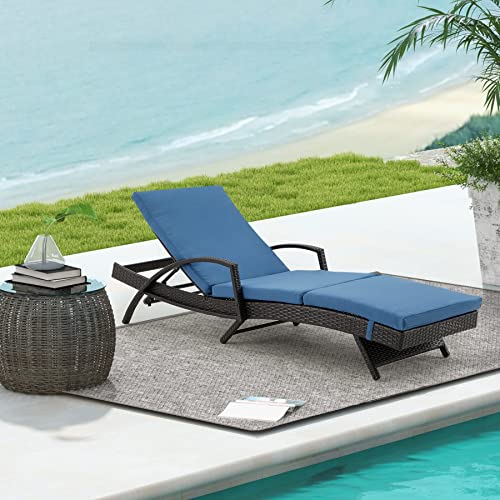 GYUTEI Patio Lounge Chair Rattan Chaise Lounge Chair with Adjustable Backrest Thickened Cushion,PE Rattan Steel Frame Outdoor Reclining Chaise for Patio Backyard Porch Garden Poolside(Light Blue)