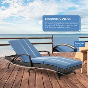 GYUTEI Patio Lounge Chair Rattan Chaise Lounge Chair with Adjustable Backrest Thickened Cushion,PE Rattan Steel Frame Outdoor Reclining Chaise for Patio Backyard Porch Garden Poolside(Light Blue)