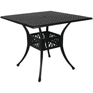 sunnydaze square patio dining table – outdoor heavy-duty black cast aluminum – 4-person outside patio furniture with umbrella hole – modern dinette table – outdoor patio table – 35-inch