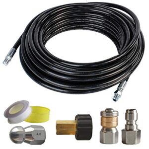 xiny tool sewer jetter kit for pressure washer, 50 ft 1/4 inch npt drain cleaning hose, orifice 4.0 button nose and rotating sewer jetting nozzle, 4000 psi