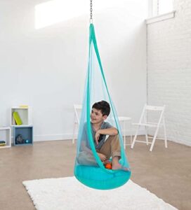 hearthsong hugglepod lite mesh indoor/outdoor hanging chair with iridescent breathable mesh construction, inflatable cushion, and carabiner, holds up to 175 lbs.
