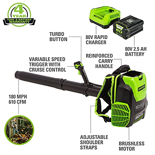 Greenworks Pro 80V (180 MPH / 610 CFM) Cordless Backpack Leaf Blower, 2.5Ah Battery and Charger Included BPB80L2510 & PRO 80V Rapid Charger (Genuine Greenworks Charger)