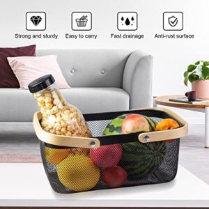 MACOIOR Portable Garden Basket-Mesh Design Natural Bamboo Handle Wire Storage Baskets,Mesh Basket with Handle Organize Items Reduce Space Occupation,Suitable for Kitchen,Garden,Picnic(Black)