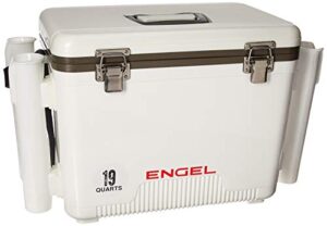 engel uc19 19qt leak-proof, air tight, fishing drybox cooler with built-in fishing rod holders, also makes the perfect small hard shell lunchbox for men and women in white