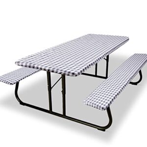fitted picnic table cover with bench covers, 3 pieces waterproof camping picnic tablecloth cover with elastic edge for indoor/outdoor/patio, 6ft rectangular vinyl picnic table cover, grey