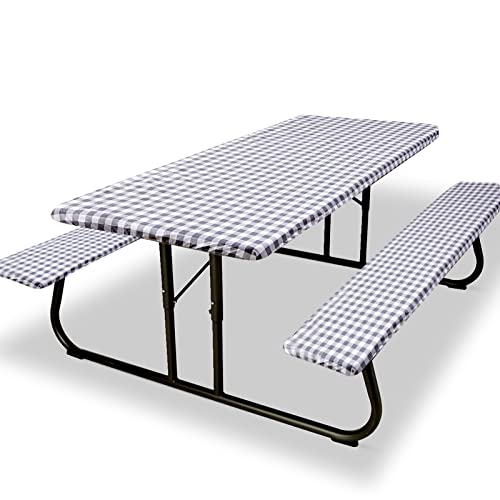 Fitted Picnic Table Cover with Bench Covers, 3 Pieces Waterproof Camping Picnic Tablecloth Cover with Elastic Edge for Indoor/Outdoor/Patio, 6ft Rectangular Vinyl Picnic Table Cover, Grey