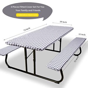 Fitted Picnic Table Cover with Bench Covers, 3 Pieces Waterproof Camping Picnic Tablecloth Cover with Elastic Edge for Indoor/Outdoor/Patio, 6ft Rectangular Vinyl Picnic Table Cover, Grey