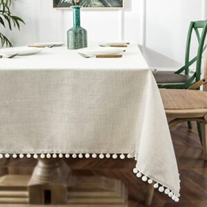 DriftAway Pom Pom Tassel Rectangle Linen Textured Decorative Table Cloth for Indoor Outdoor Dining Buffet Table Parities Dinner 55 Inch 120 Inch Light Linen