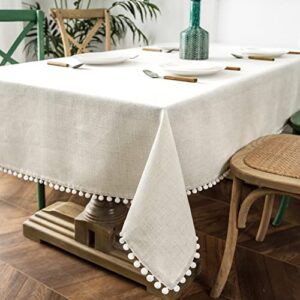 DriftAway Pom Pom Tassel Rectangle Linen Textured Decorative Table Cloth for Indoor Outdoor Dining Buffet Table Parities Dinner 55 Inch 120 Inch Light Linen