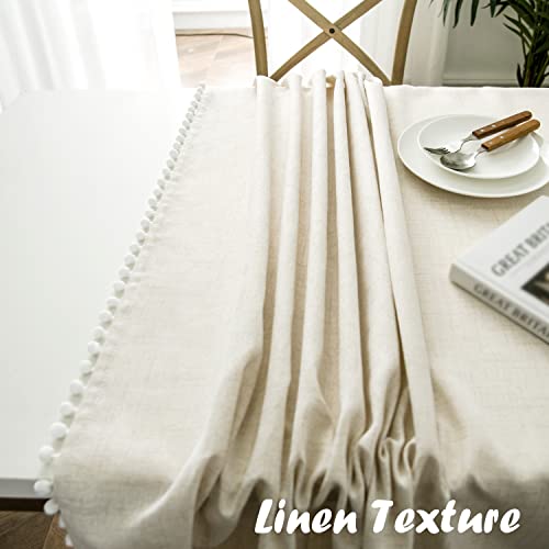 DriftAway Pom Pom Tassel Rectangle Linen Textured Decorative Table Cloth for Indoor Outdoor Dining Buffet Table Parities Dinner 55 Inch 120 Inch Light Linen