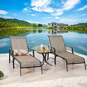 festival depot 3pcs outdoor lounge chair set of 2 patio chaises with adjustable backrest in 4 reclining levels and bistro table metal furniture for poolside, gray