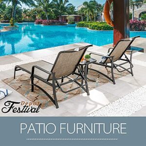 Festival Depot 3Pcs Outdoor Lounge Chair Set of 2 Patio Chaises with Adjustable Backrest in 4 Reclining Levels and Bistro Table Metal Furniture for Poolside, Gray