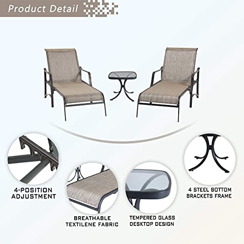 Festival Depot 3Pcs Outdoor Lounge Chair Set of 2 Patio Chaises with Adjustable Backrest in 4 Reclining Levels and Bistro Table Metal Furniture for Poolside, Gray