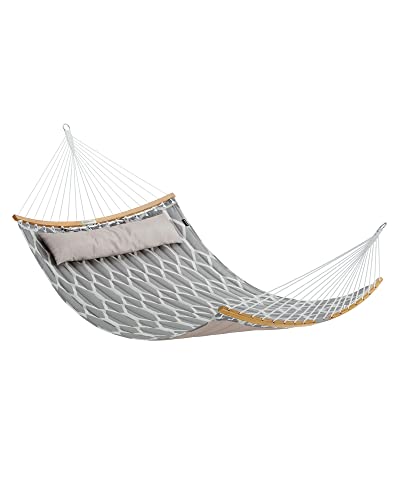 SONGMICS Hammock, Quilted Hammock with Curved Bamboo Spreaders, Pillow, 78.7 x 55.1 Inches, Portable Padded Hammock Holds up to 495 lb, Gray and Beige Rhombus UGDC034G02