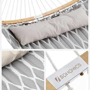 SONGMICS Hammock, Quilted Hammock with Curved Bamboo Spreaders, Pillow, 78.7 x 55.1 Inches, Portable Padded Hammock Holds up to 495 lb, Gray and Beige Rhombus UGDC034G02