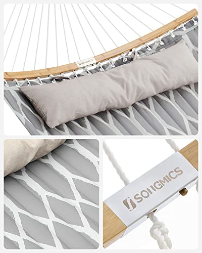 SONGMICS Hammock, Quilted Hammock with Curved Bamboo Spreaders, Pillow, 78.7 x 55.1 Inches, Portable Padded Hammock Holds up to 495 lb, Gray and Beige Rhombus UGDC034G02