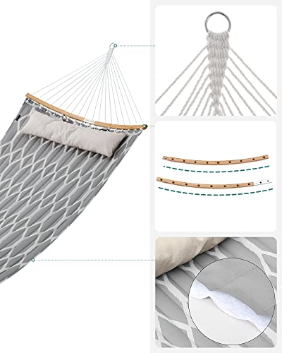 SONGMICS Hammock, Quilted Hammock with Curved Bamboo Spreaders, Pillow, 78.7 x 55.1 Inches, Portable Padded Hammock Holds up to 495 lb, Gray and Beige Rhombus UGDC034G02