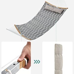 SONGMICS Hammock, Quilted Hammock with Curved Bamboo Spreaders, Pillow, 78.7 x 55.1 Inches, Portable Padded Hammock Holds up to 495 lb, Gray and Beige Rhombus UGDC034G02