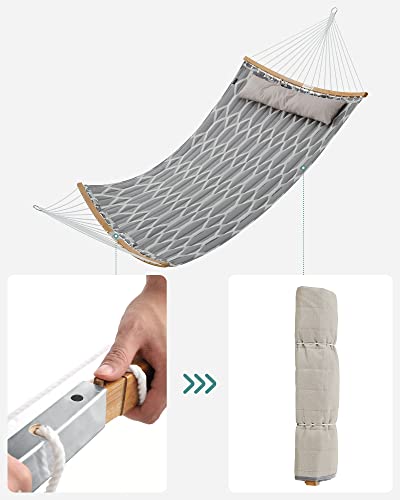 SONGMICS Hammock, Quilted Hammock with Curved Bamboo Spreaders, Pillow, 78.7 x 55.1 Inches, Portable Padded Hammock Holds up to 495 lb, Gray and Beige Rhombus UGDC034G02