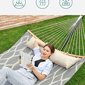 SONGMICS Hammock, Quilted Hammock with Curved Bamboo Spreaders, Pillow, 78.7 x 55.1 Inches, Portable Padded Hammock Holds up to 495 lb, Gray and Beige Rhombus UGDC034G02