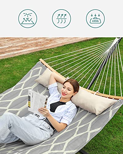 SONGMICS Hammock, Quilted Hammock with Curved Bamboo Spreaders, Pillow, 78.7 x 55.1 Inches, Portable Padded Hammock Holds up to 495 lb, Gray and Beige Rhombus UGDC034G02