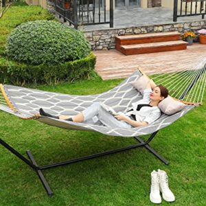 SONGMICS Hammock, Quilted Hammock with Curved Bamboo Spreaders, Pillow, 78.7 x 55.1 Inches, Portable Padded Hammock Holds up to 495 lb, Gray and Beige Rhombus UGDC034G02