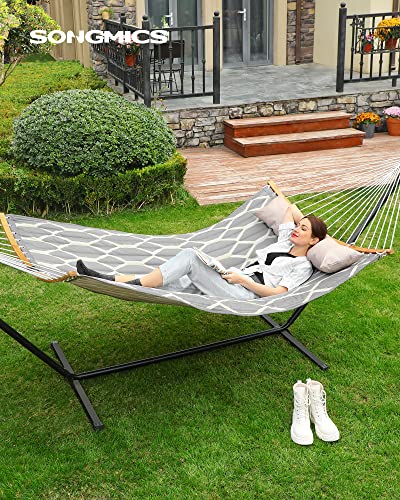 SONGMICS Hammock, Quilted Hammock with Curved Bamboo Spreaders, Pillow, 78.7 x 55.1 Inches, Portable Padded Hammock Holds up to 495 lb, Gray and Beige Rhombus UGDC034G02