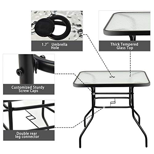 Tangkula Outdoor Dining Table with 2 inches Umbrella Hole, 32 inches Tempered Glass Top Square Patio Table, for Balcony, Backyard, Poolside and Sunroom