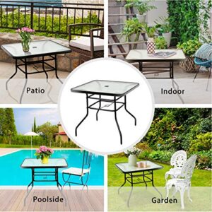 Tangkula Outdoor Dining Table with 2 inches Umbrella Hole, 32 inches Tempered Glass Top Square Patio Table, for Balcony, Backyard, Poolside and Sunroom