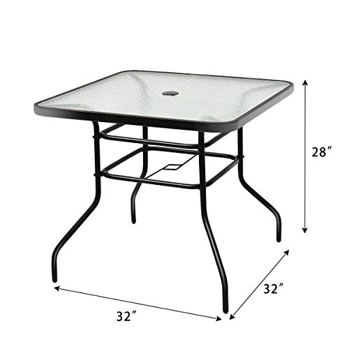 Tangkula Outdoor Dining Table with 2 inches Umbrella Hole, 32 inches Tempered Glass Top Square Patio Table, for Balcony, Backyard, Poolside and Sunroom