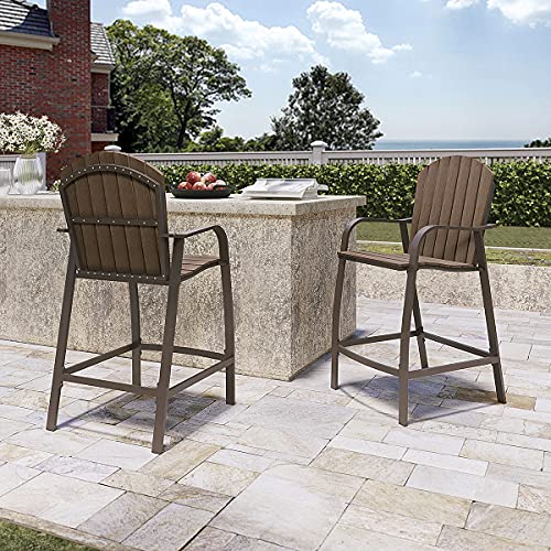 VredHom Outdoor Aluminum Bar Stools Set of 2, 2PCS Bar Height Chairs Patio Stools Wood Bar Chair Set with Brown Aluminum Frame, Armrest and Footrest for Balcony Pool Garden Lawn Deck Backyard