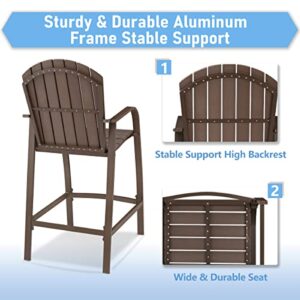 VredHom Outdoor Aluminum Bar Stools Set of 2, 2PCS Bar Height Chairs Patio Stools Wood Bar Chair Set with Brown Aluminum Frame, Armrest and Footrest for Balcony Pool Garden Lawn Deck Backyard