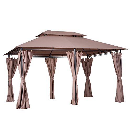 Outsunny 10' x 13' Outdoor Soft Top Pergola Gazebo with Curtains, 2-Tier Steel Frame Gazebo for Patio, Khaki