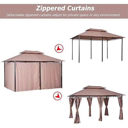 Outsunny 10' x 13' Outdoor Soft Top Pergola Gazebo with Curtains, 2-Tier Steel Frame Gazebo for Patio, Khaki