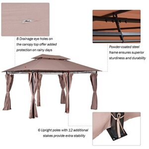 Outsunny 10' x 13' Outdoor Soft Top Pergola Gazebo with Curtains, 2-Tier Steel Frame Gazebo for Patio, Khaki