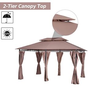 Outsunny 10' x 13' Outdoor Soft Top Pergola Gazebo with Curtains, 2-Tier Steel Frame Gazebo for Patio, Khaki