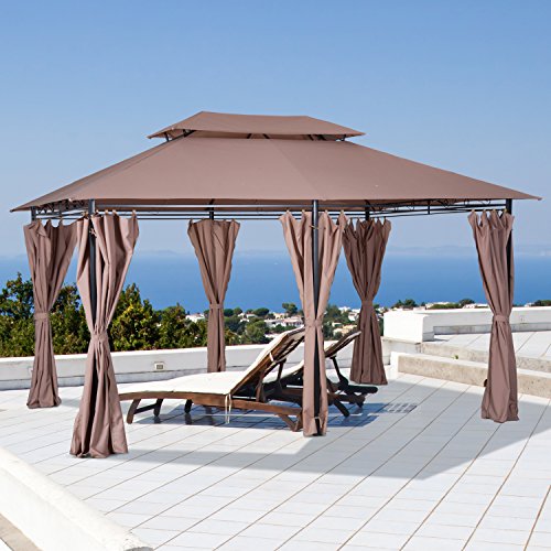 Outsunny 10' x 13' Outdoor Soft Top Pergola Gazebo with Curtains, 2-Tier Steel Frame Gazebo for Patio, Khaki