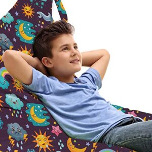 ambesonne childish lounger chair bag, pattern of joyful smiling sun clouds stars moon rainbow sky sleep dream night, high capacity storage with handle container, lounger size, multicolor