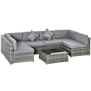outsunny 7-piece patio furniture sets outdoor wicker conversation sets all weather pe rattan sectional sofa set with cushions & tempered glass desktop, grey