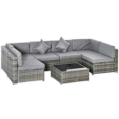 Outsunny 7-Piece Patio Furniture Sets Outdoor Wicker Conversation Sets All Weather PE Rattan Sectional Sofa Set with Cushions & Tempered Glass Desktop, Grey