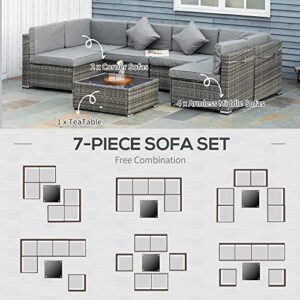 Outsunny 7-Piece Patio Furniture Sets Outdoor Wicker Conversation Sets All Weather PE Rattan Sectional Sofa Set with Cushions & Tempered Glass Desktop, Grey