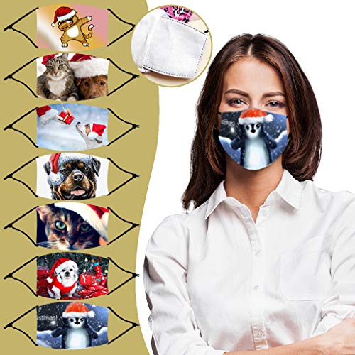 PENATE Adult Washable Face Bandanas 3D Christmas Cute Dog Cat Prints Facemasks -Filter Can Be Placed-Ship from U.S.