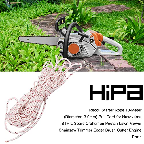 Hipa Recoil Starter Rope 10-Meter (Diameter: 3.0mm) Pull Cord for Husqvarna STHIL Sears Craftsman Poulan Lawn Mower Chainsaw Trimmer Edger Brush Cutter Engine Parts