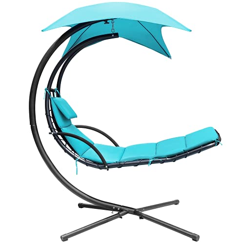 Greesum Hanging Curved Lounge Chaise Chair, Hammock Swing Chaise Chair, Floating Bed Furniture with Pillows, Canopy, Blue