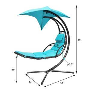 Greesum Hanging Curved Lounge Chaise Chair, Hammock Swing Chaise Chair, Floating Bed Furniture with Pillows, Canopy, Blue