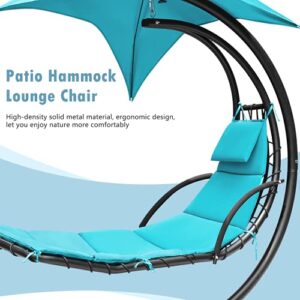 Greesum Hanging Curved Lounge Chaise Chair, Hammock Swing Chaise Chair, Floating Bed Furniture with Pillows, Canopy, Blue