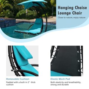 Greesum Hanging Curved Lounge Chaise Chair, Hammock Swing Chaise Chair, Floating Bed Furniture with Pillows, Canopy, Blue