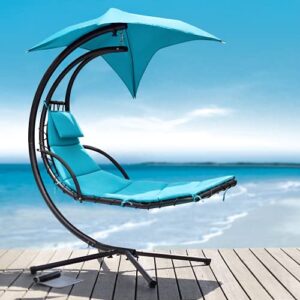 Greesum Hanging Curved Lounge Chaise Chair, Hammock Swing Chaise Chair, Floating Bed Furniture with Pillows, Canopy, Blue