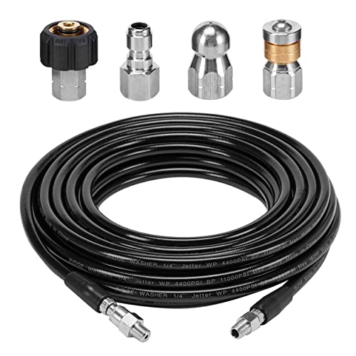 RIDGE WASHER Sewer Jetter Kit for Pressure Washer, 50 Feet Hose, 1/4 Inch, Drain Jetting, Laser and Rotating Sewer Nozzle, 3600 PSI, Orifice 4.0, 4.5